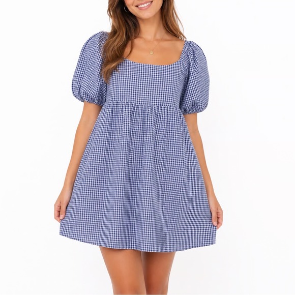 Old Navy Dresses & Skirts - Old Navy Blue Gingham Puff Sleeve Smocked Mini Dress Womens Size M